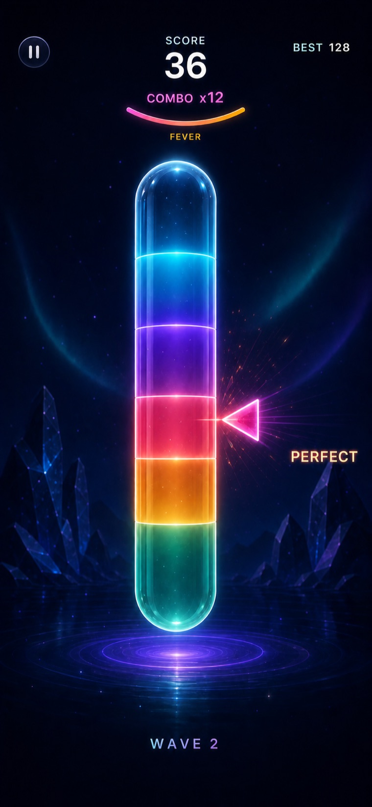 PrismTap gameplay showing a glowing crystal tower and color ticker